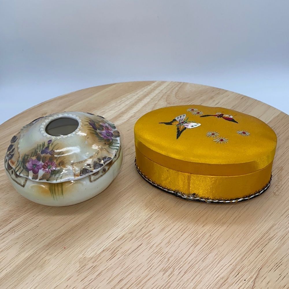 Antique Porcelain Hair Keeper and Vintage Padded Asian Jewelry Box